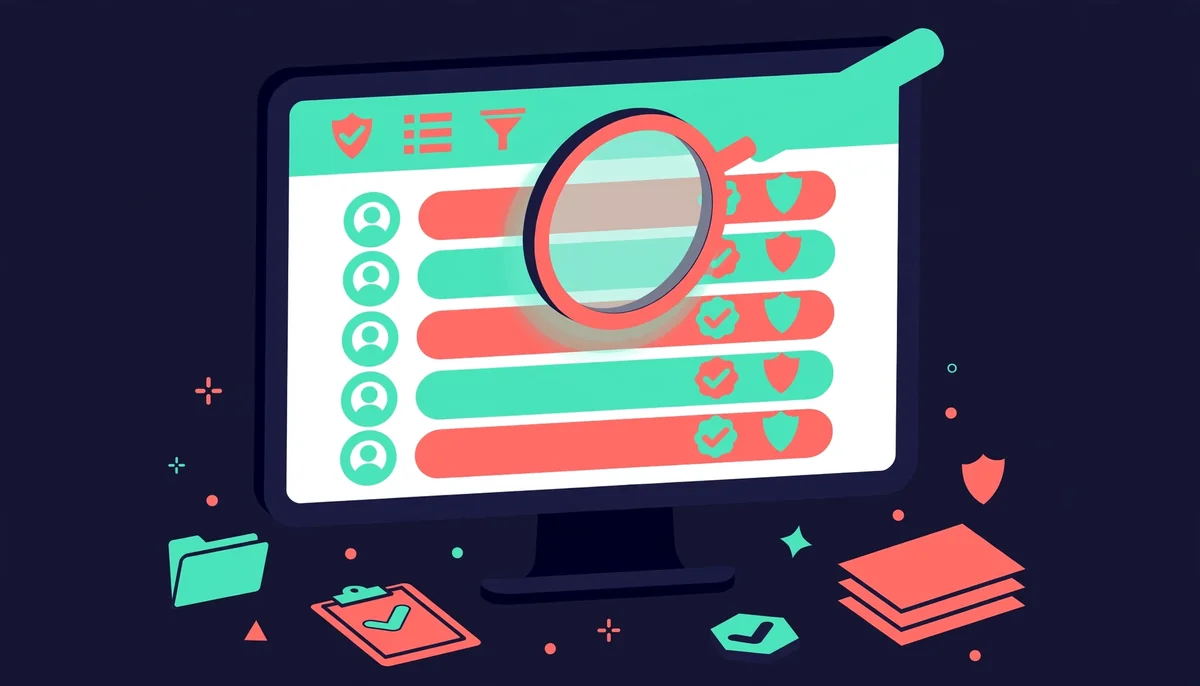 Isometric scene of a screen with a register and magnifying glass